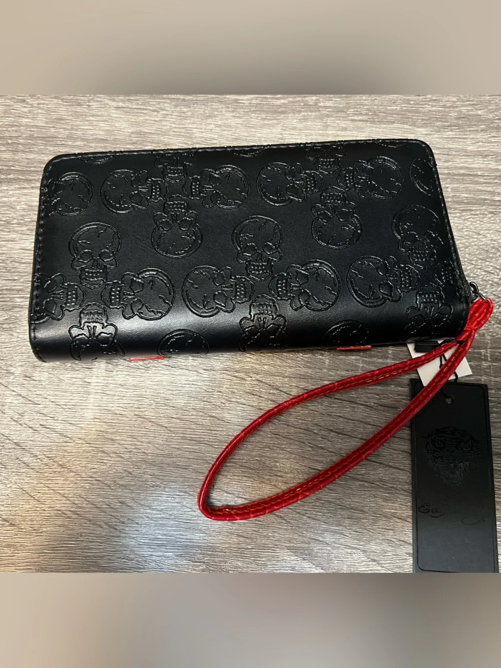Ed Hardy Black and Red Skull-Embossed Wristlet Wallet NWT